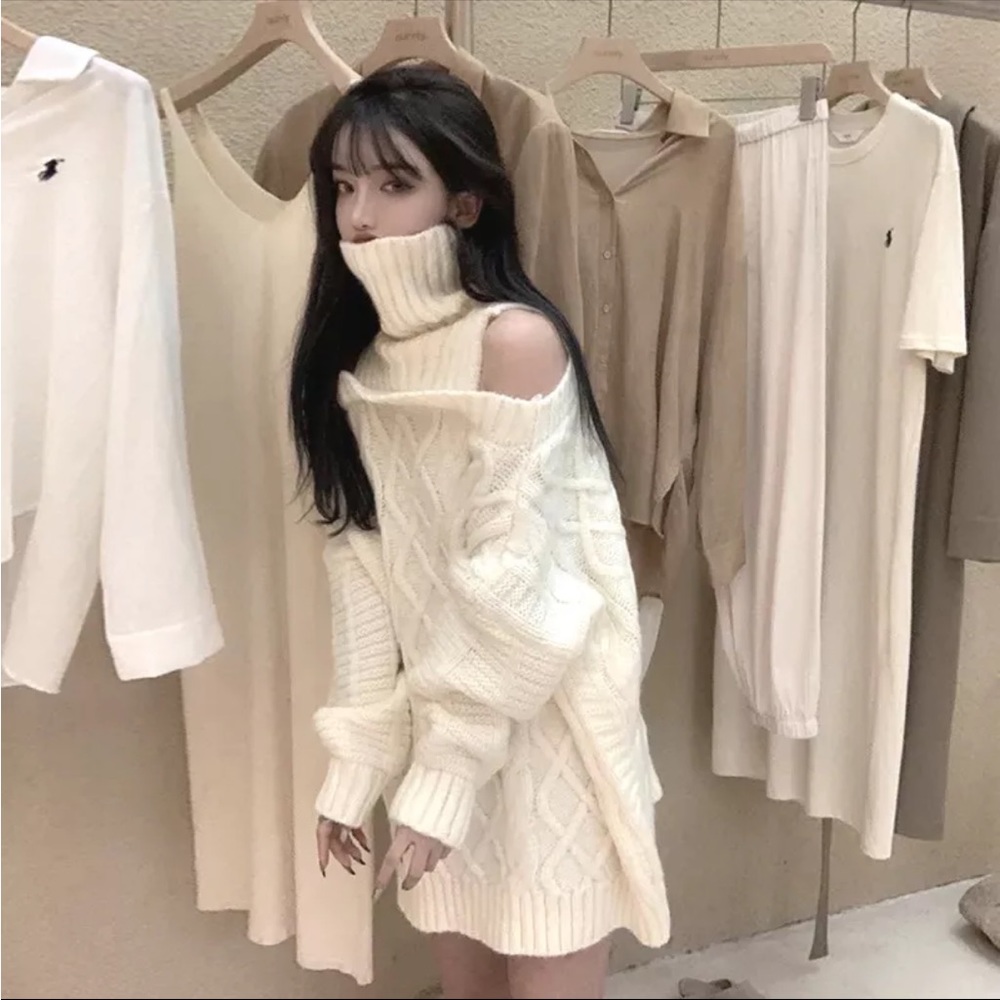 Cream cable knit cold shoulder long turtleneck oversized sweater
